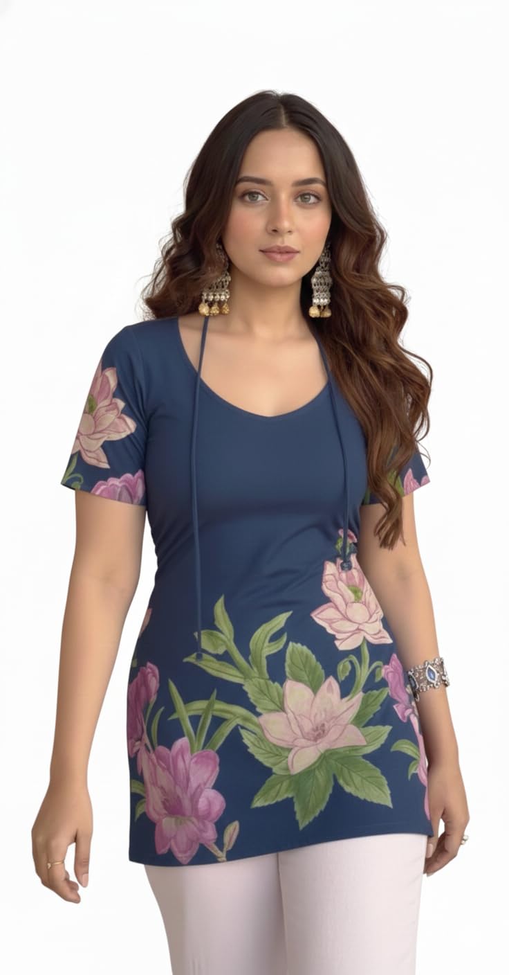 Women's Pure Cotton Pichwai Floral Print Kurti Tunic Top, Short Sleeve, Machine Washable with Lining