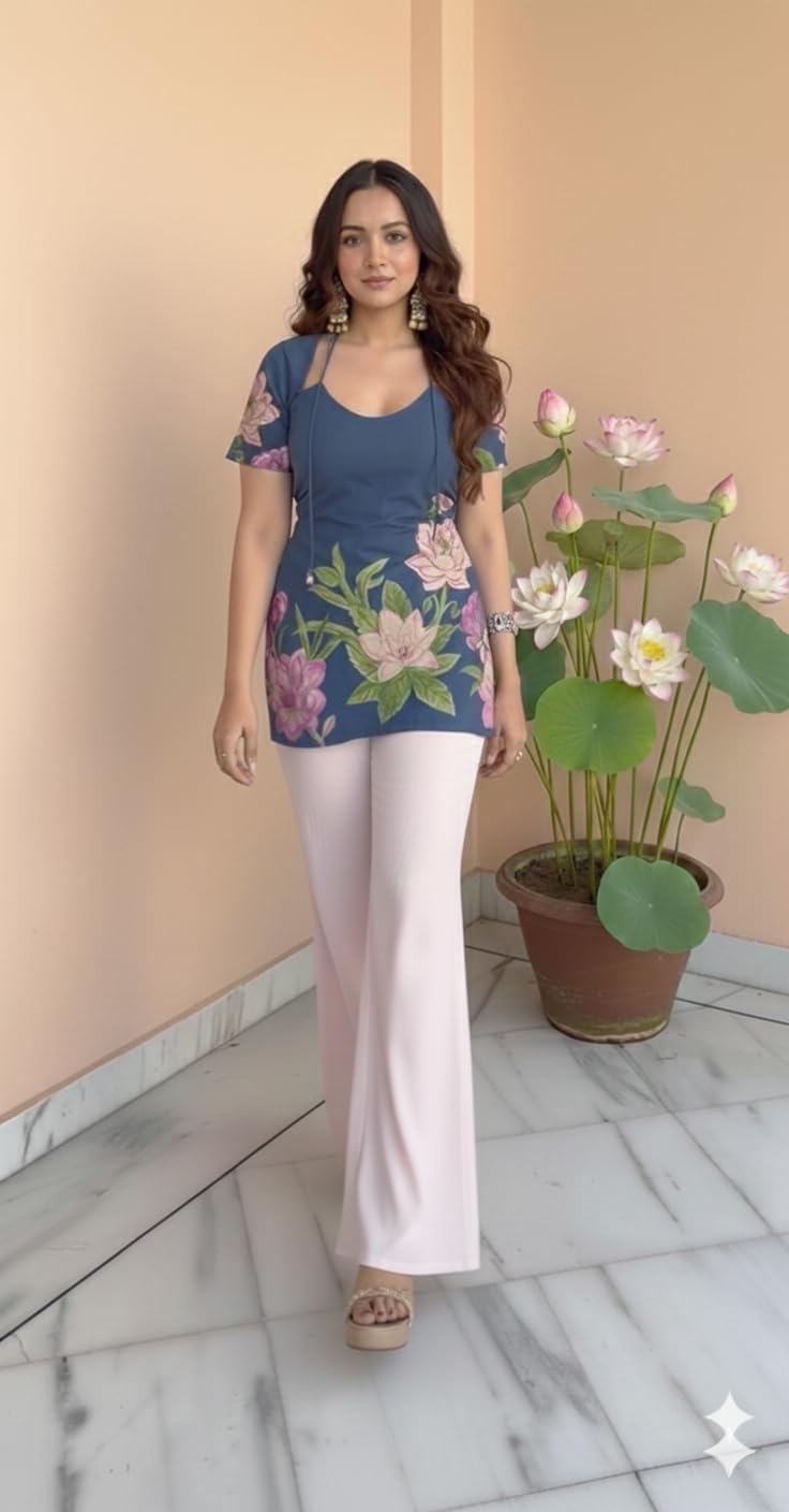 Women's Pure Cotton Pichwai Floral Print Kurti Tunic Top, Short Sleeve, Machine Washable with Lining