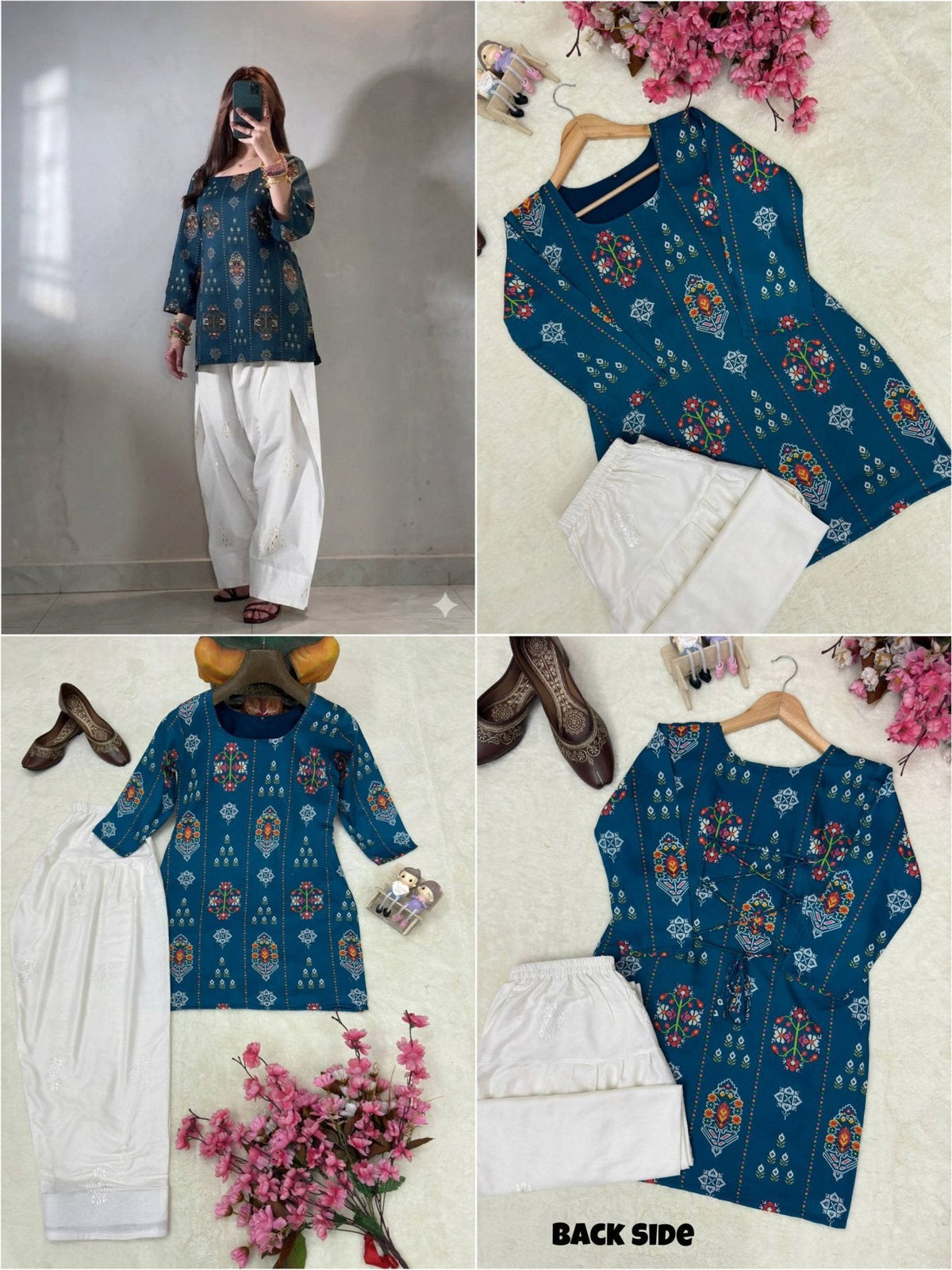 Authentic Blue Muslin Cotton Kurti with White Farshi Palazzo and Embroidery Work