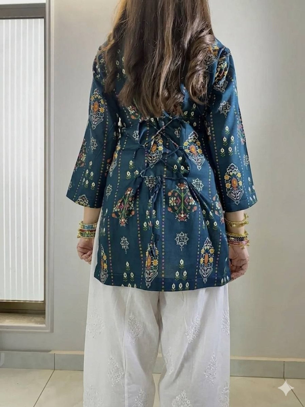 Authentic Blue Muslin Cotton Kurti with White Farshi Palazzo and Embroidery Work