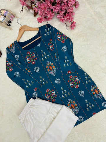 Authentic Blue Muslin Cotton Kurti with White Farshi Palazzo and Embroidery Work