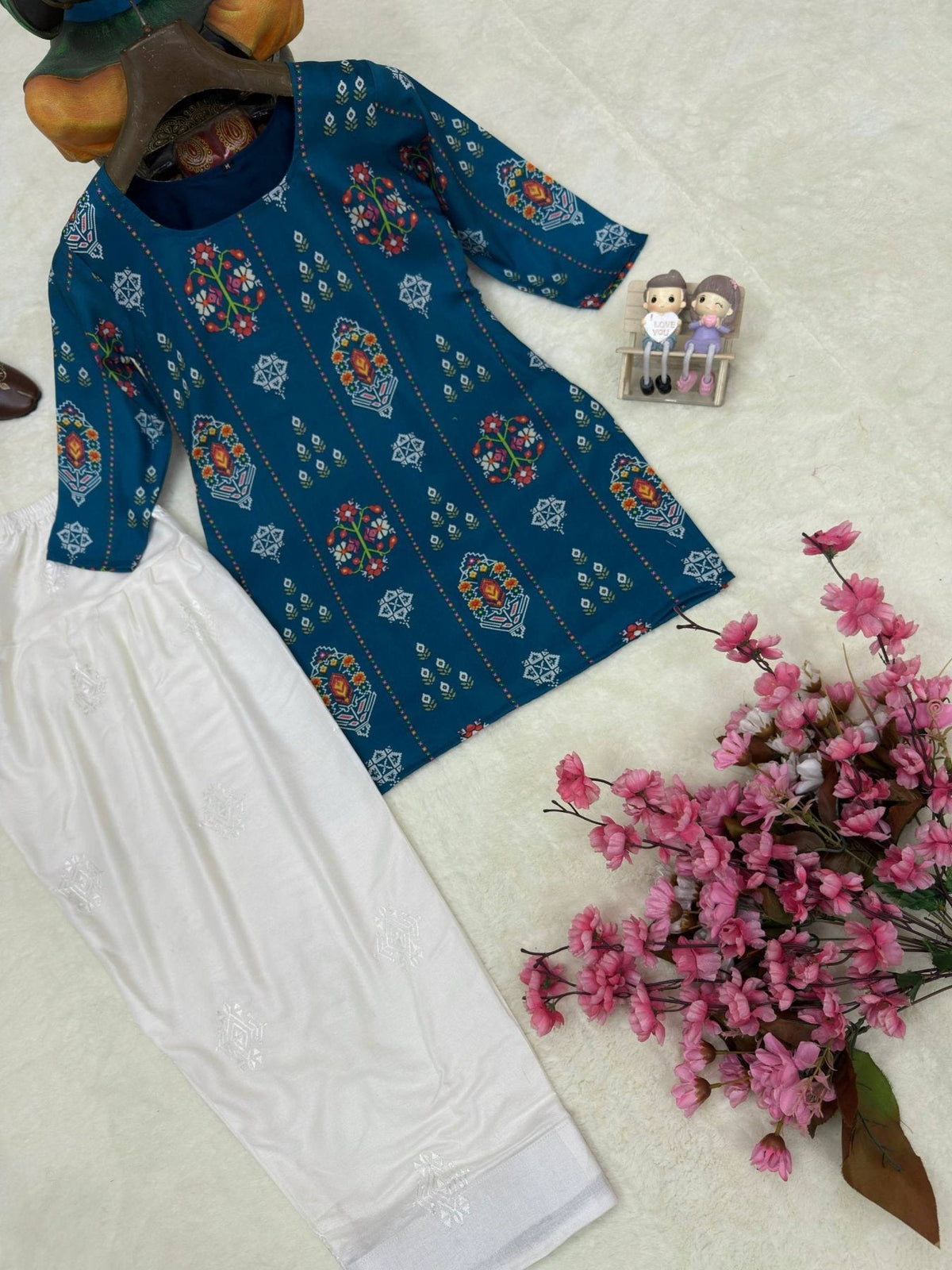 Authentic Blue Muslin Cotton Kurti with White Farshi Palazzo and Embroidery Work
