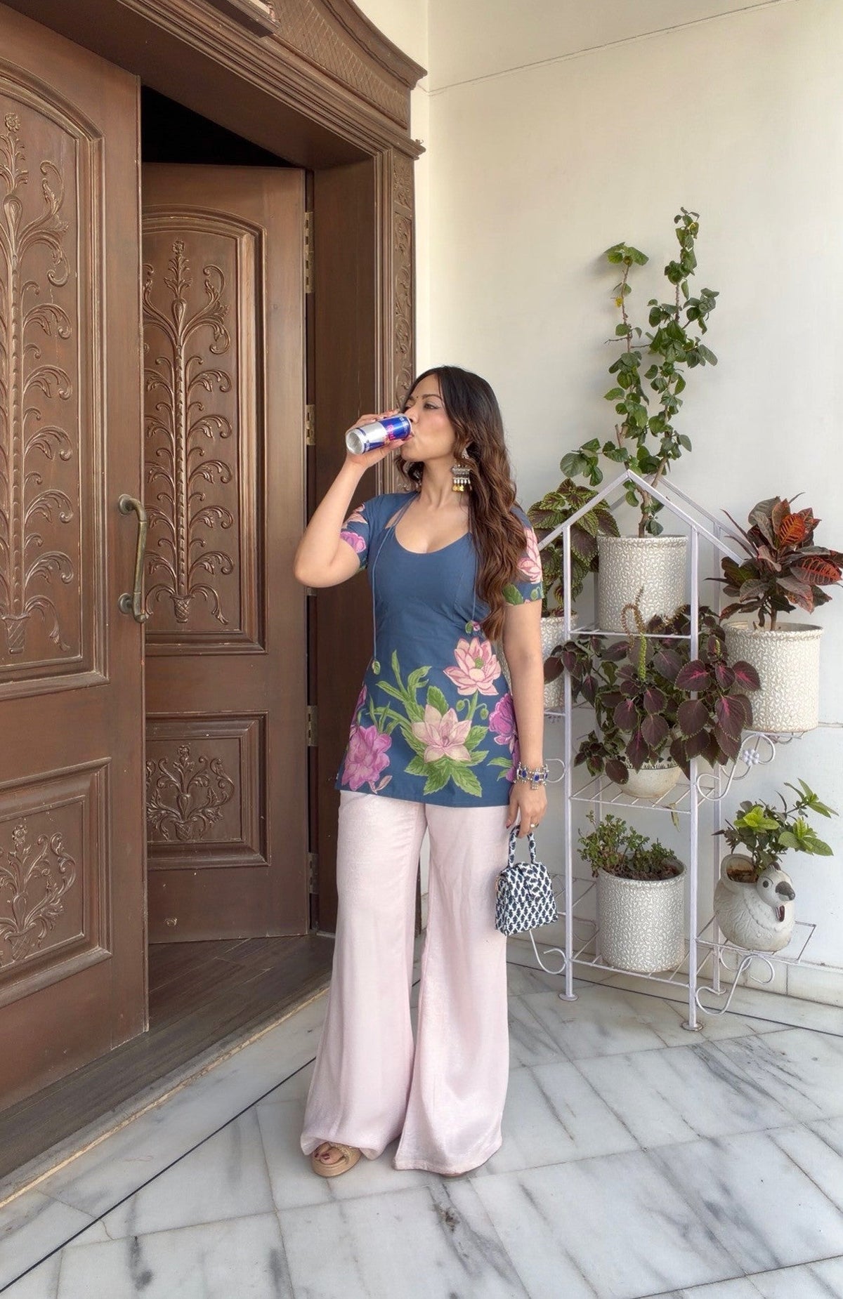 Women's Pure Cotton Pichwai Floral Print Kurti Tunic Top, Short Sleeve, Machine Washable with Lining