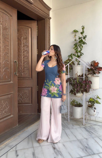 Women's Pure Cotton Pichwai Floral Print Kurti Tunic Top, Short Sleeve, Machine Washable with Lining