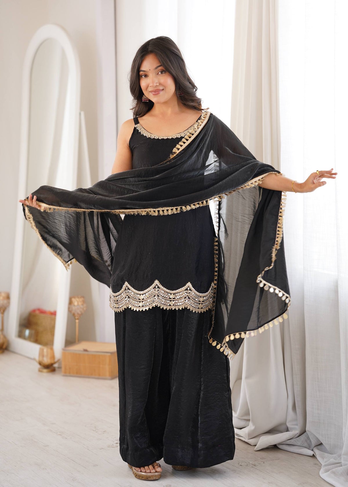 Fendy Silk Real Mirror Work Sharara Suit Set with Dupatta