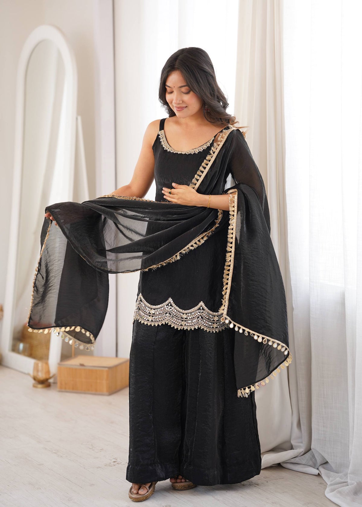 Fendy Silk Real Mirror Work Sharara Suit Set with Dupatta