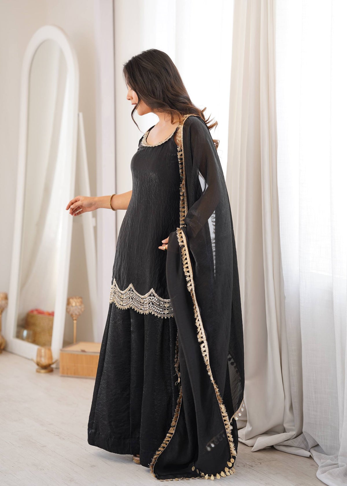 Fendy Silk Real Mirror Work Sharara Suit Set with Dupatta