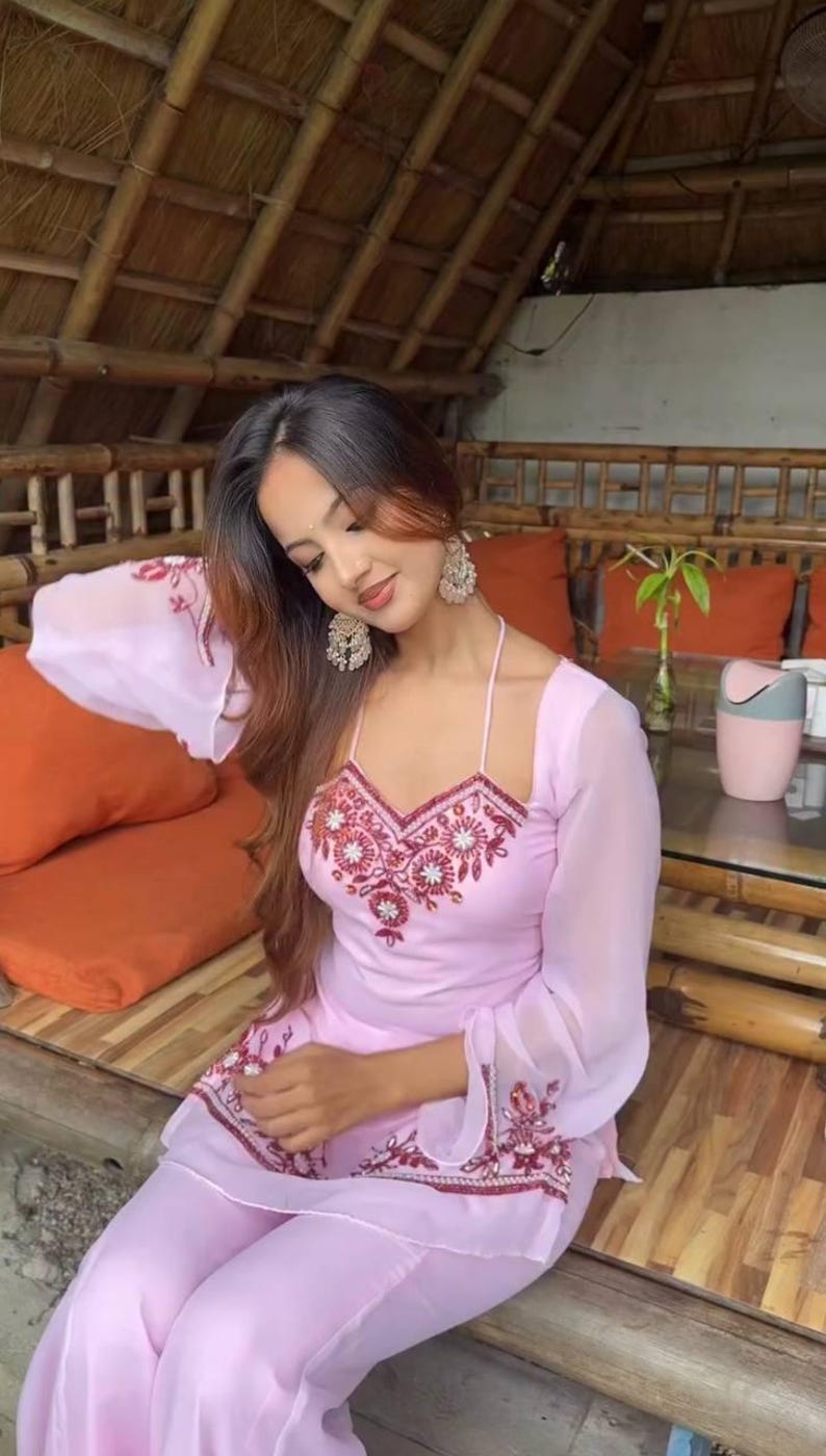 Pastel Pink Georgette Suit  Embroidered Peplum Kurti, Flared Sleeves, Palazzo Pent