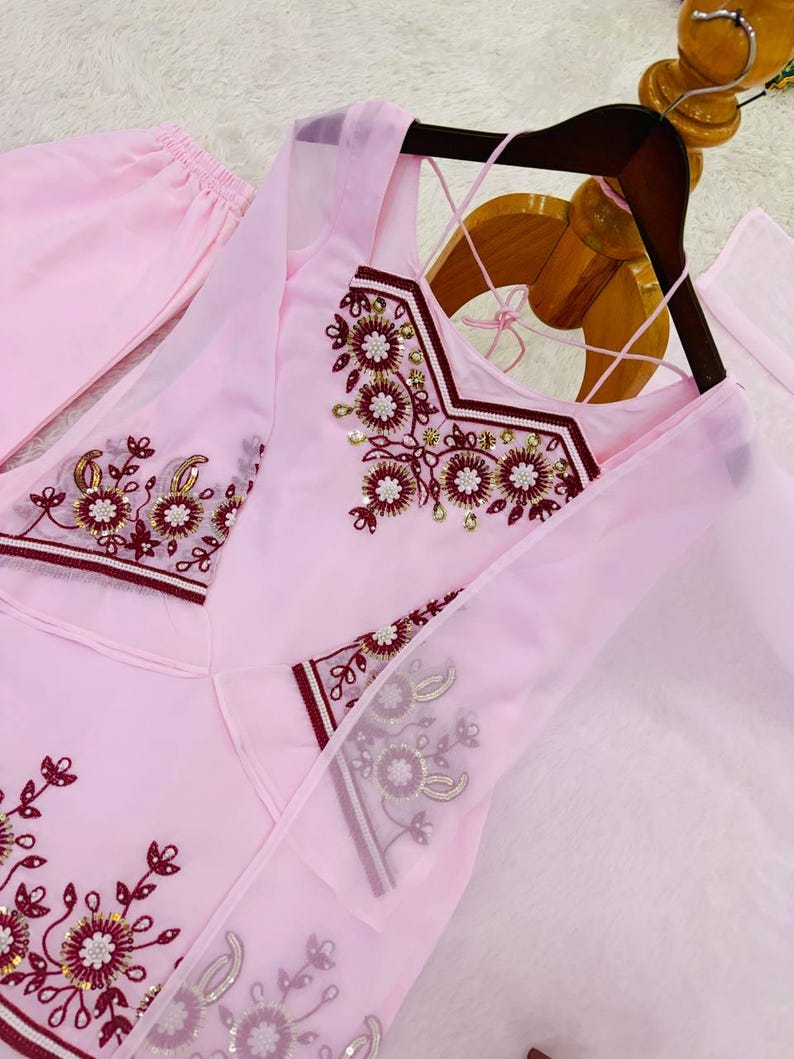 Pastel Pink Georgette Suit  Embroidered Peplum Kurti, Flared Sleeves, Palazzo Pent