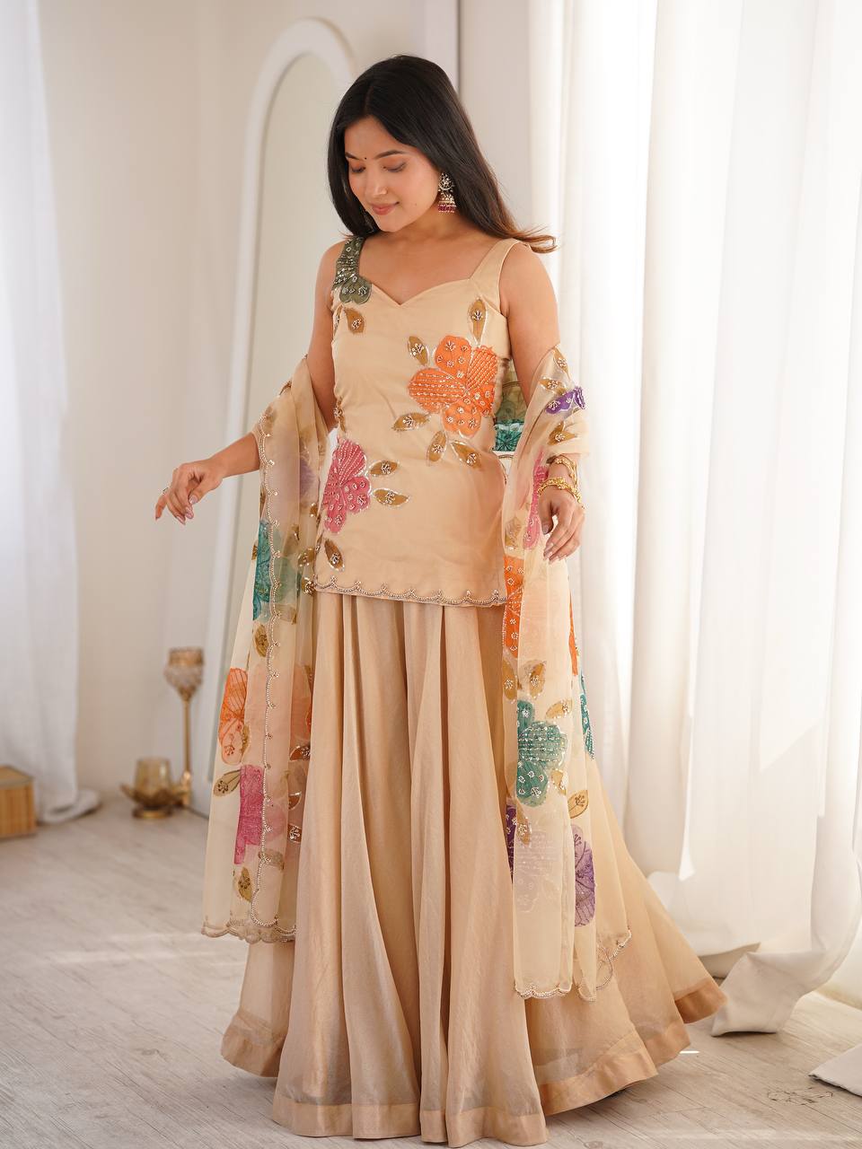Raksha Bandhan Special Cream Organza Sequence Western Dress