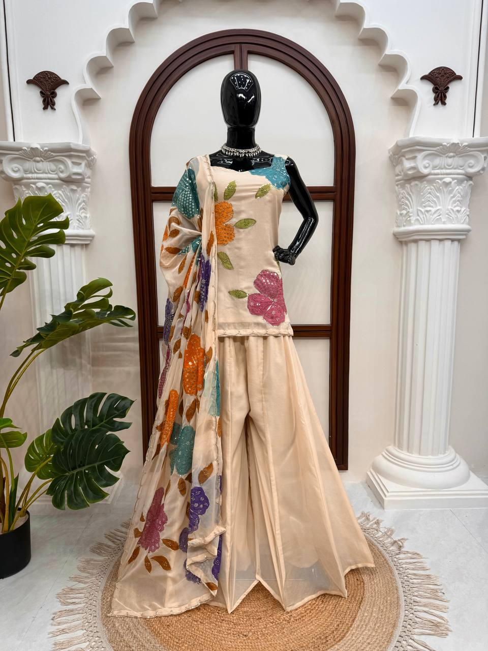 Raksha Bandhan Special Cream Organza Sequence Western Dress
