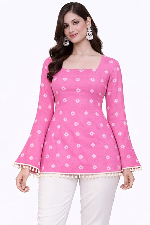 Women's Rayon Printed Staight Short Kurti Bell Sleeves