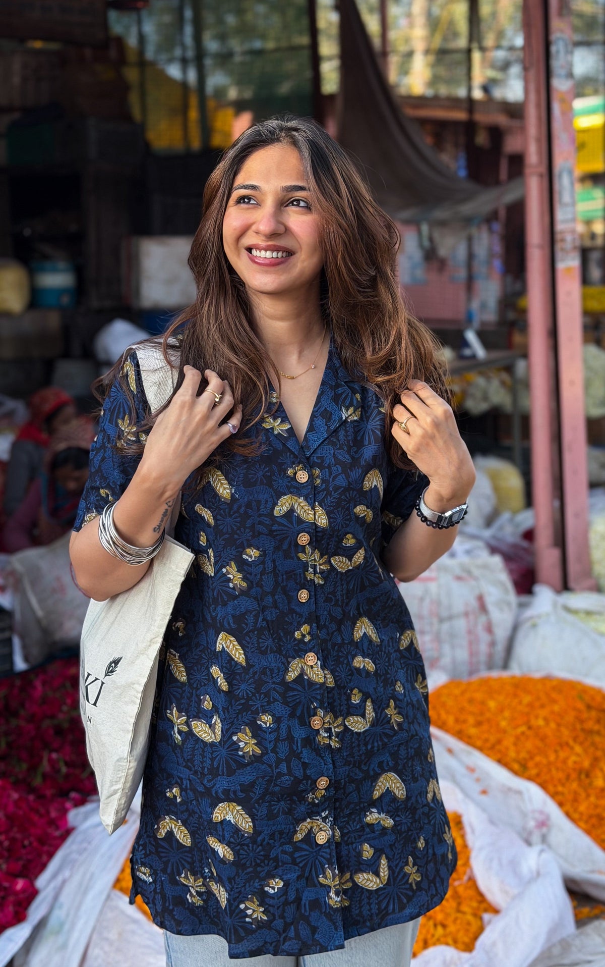 Navy Gold Floral Handblock Cotton Shirt Kurti (Buy 1 Get 1 Free)