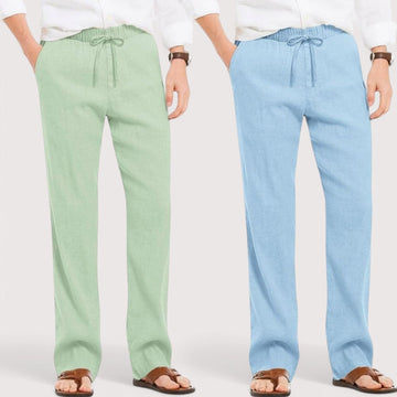 Combo of 2 Linen Loose Fit Men Pant Green and Blue