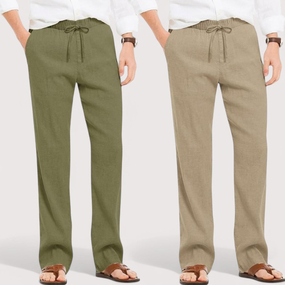 Combo of 2 Linen Loose Fit Men Pant Olive Green and Beige